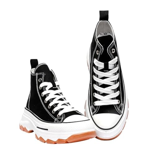 Image of Nexsus Plus Ladies Women Chunky Sole Lace Up High Top Canvas Casual Trainers Sneakers Walking Gym Shoes Size UK3-9 (Black, UK Footwear Size System, Adult, Women, Numeric, Medium, 5)