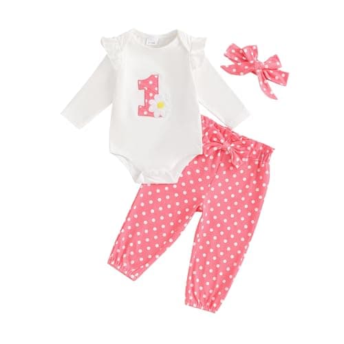 Image of 1st Happy Birthday Toddler Newborn Baby Girl Clothes Set Infant Girls Fall Winter Outfits Set Romper Jumpsuit Bodysuit Sweatshirt and Pants Floral Embroidery Tracksuit 3Pcs (Pink, 6-12 Months)