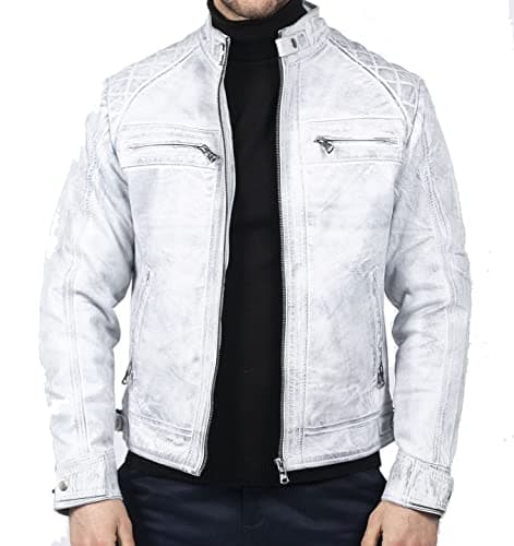 Image of TruClothing Men's Biker Jacket Outwear Windproof Winter Motorcycle Rider Real Leather Jackets Coat Retro - White S