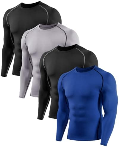 Image of Orrfreer 4 Pack Men's Long Sleeve Compression Base Layer Top Quick Dry Long Sleeve Running Top Mens Tight Baselayer Tee Shirts All Season for Running Training Black/Grey/Black/Navy XL