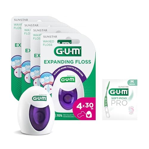 Image of GUM Expanding Floss | removes Plaque from Between Teeth | expands into Large interdental Spaces | Ideal for Sensitive Gums and Teeth | 4x30m (+1 Bonus Sample)