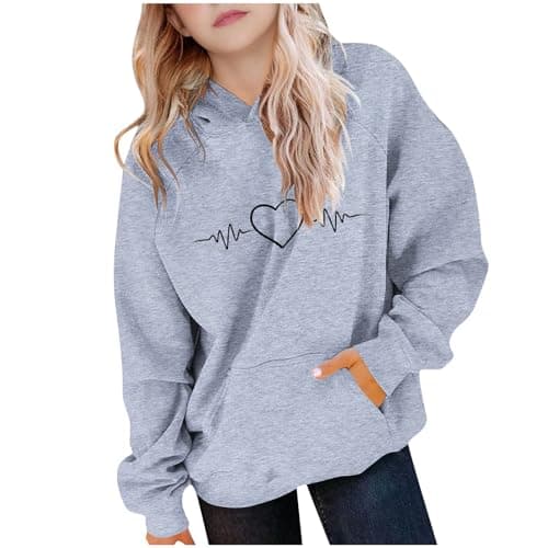 Image of duxyoz Hoodies for Teen Girls Oversized Preppy Hooded Sweatshirt Heart Print Casual Loose Fit Basic Sweatshirt with Hood Pocket Gray 14-15 Years
