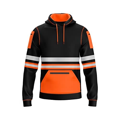 Image of mymixtrendz Hi Vis Mens Pullover Hoodie Reflective Tape Safety Work Multi Zipped Pockets Drawstring High Viz High Visibility Hoodie Sweatshirt Orange Black