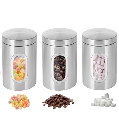 Image of 3 Pack Stainless Steel Kitchen Canisters, Canisters Sets for the Kitchen Accessories Stainless Steel Food Container With Secure Lids & Viewing Window Multi Food Storage Jars for Tea Coffee (Silvery)