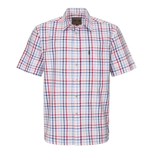 Image of WALKER AND HAWKES - Men's Checkered Blue and Red 100% Cotton Short Sleeve Canterbury Country Shirt with Pocket Classic-Fit - Red - Medium (40'')