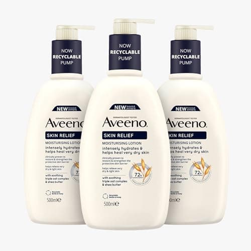 Image of Aveeno Skin Relief Moisturising Lotion Bundle (3x 500ml), Nourishing Body Lotion for Relief from Very Dry, Tight Skin, Body Moisturiser Enriched with Prebiotic Triple Oat Complex and Shea Butter