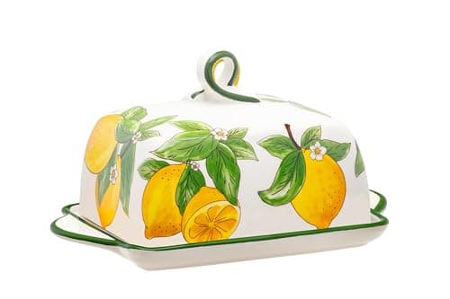 Image of Large Ceramic Butter Dish with Lid – Lemon Design Butter Keeper, Covered Butter Container, Vintage Style Butter Holder for Kitchen Counter