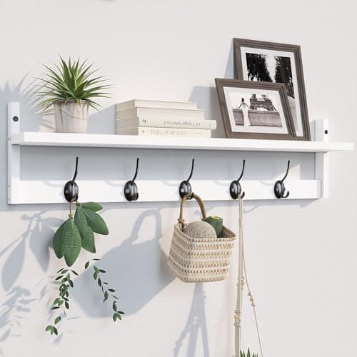 Image of BAMEOS Wall Coat Rack with Hooks - 73.5cm Entryway Shelf Featuring 5 Dual Hooks, Farmhouse Style Coat Rack with Shelf for Bathroom, Living Room, Bedroom, Kitchen Decor and Storage (White)