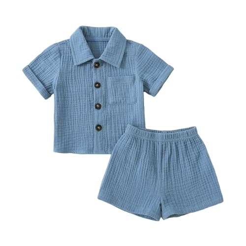 Image of Himllauen Infant Baby Boys Summer Outfits Toddler Short Sleeve Button Down Lapel Shirt + Shorts Set 2 Pcs Newborn Casual Clothes (Blue C, 0-6 Months)