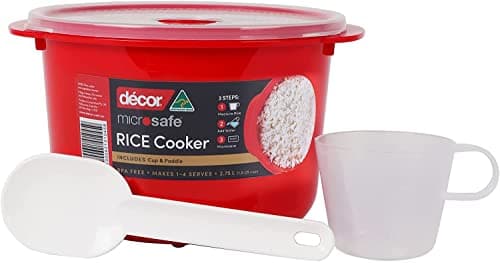 Image of Décor Microwave Rice Cooker Makes 1-4 cups each time comes with measuring cup and rice paddle. Stay cool handles and steam release vent. Dishwasher and freezer safe. BPA Free 2.75L Capacity, Red