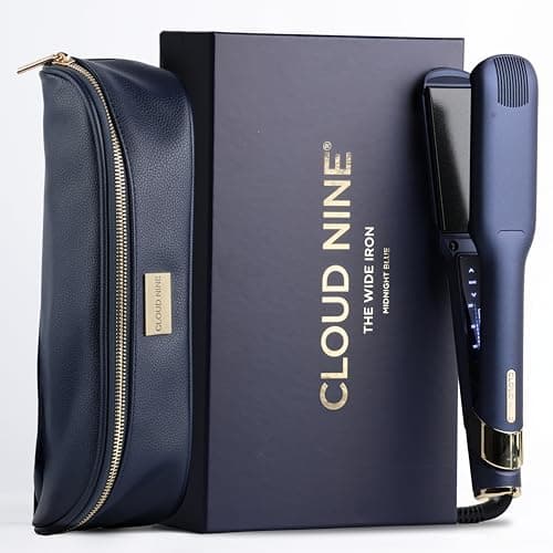 Image of CLOUD NINE The Wide Iron Hair Straightener Blue | Variable Temperature Control | Revive Mode Mineral-Infused Plates | Digital Display 360° Swivel Cord | Protective Guard | Strong Shiny Sleek Results