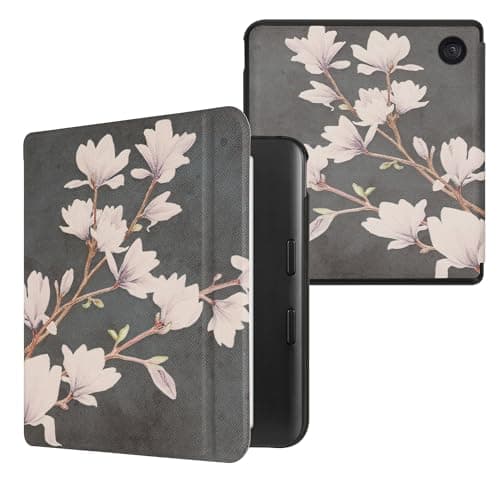 Image of kwmobile Cover for Kobo Libra Colour Case - eReader Cover with auto sleep funktion - Magnolias with Taupe/White/Dark Grey