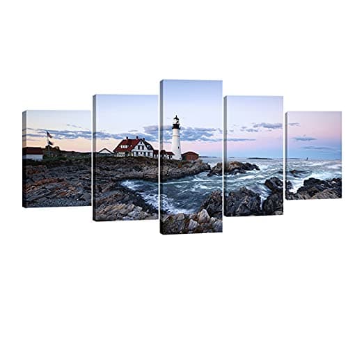 Image of Wieco Art - Island 5 Piece Modern Stretched and Framed Seascape Lighthouse Giclee Canvas Prints Artwork Blue Ocean Beach Pictures Paintings on Canvas Wall Art for Living Room Bedroom Home Decorations