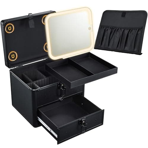 Image of Vanity Case with LED Mirror Makeup Box Removable Light Up Mirror Portable Beauty Case Makeup Artist Carry Vanity Box with Adjustable Dividers and Makeup Brush Holder (Black with Drawer)