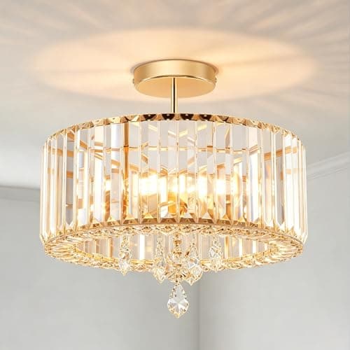 Image of ANWIO Gold Crystal Ceiling Lights,3-Light Modern LED Chandeliers Fitting,Industrial Crystal Semi Flush Mount Ceiling Lighting for Hallway Living Room Kitchen Bathroom,Dia 36.5cm,(E27 Base)
