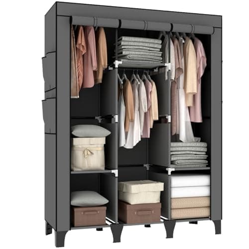 Image of OPPAIYA Canvas Wardrobe, Portable wardrobe With 3 Hanging Rails, 6 Shelves and 8 Side Bags, 165 * 45 * 125cm Temporary wardrobes, Large Fabric wardrobes for bedroom Cheap、Living Room - Gray