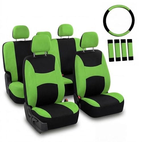 Image of FH GROUP Automotive Seat Covers Green Universal Fit Combo Set with Steering Wheel Cover and Seat Belt Pad fits most Cars, SUVs, and Trucks (Airbag Compatible and Split Bench) FB030GREEN-COMBO