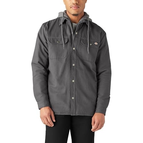 Image of Dickies Mens Fleece Hooded Duck Shirt Jacket With Dwr, Slate, L