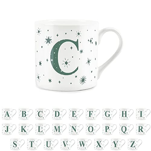 Image of Purely Home Letter C Star Mug - Bone China White Coffee/Tea Present Gift - Alphabet Letter Mug with Stars in Teal Green Blue