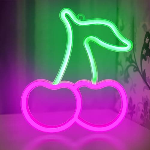 Image of DAKABUKA Cherry Neon Sign Pink Green Cherries Neon Lights Cute Fruits LED Signs for Kids Room Restaurant Bar Fruit Shop USB Battery Neon Signs for Wall Decor