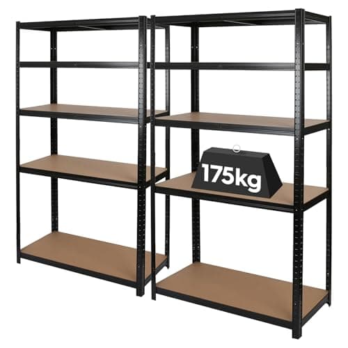 Image of Harbour Housewares 5-Tier Steel Garage Shelving Units Set - Matt Black - 2pc Heavy Duty Free Standing Industrial Shed Storage Racking Shelves | Boltless Assembly | 875kg Capacity | 90 x 40 x 180cm