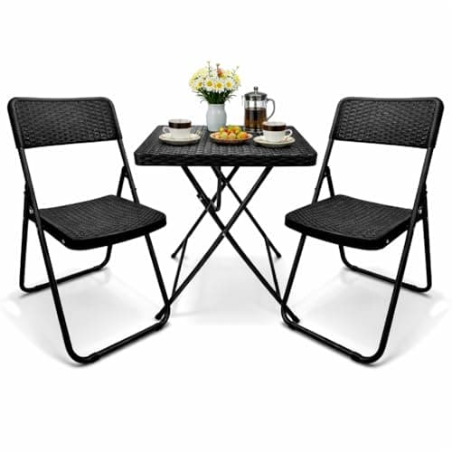 Image of SUNMER Patio Bistro Garden Furniture Set - 3 Piece Rattan Effect Folding Table and Chairs - Heavy Duty Capacity, Weather Resistant Outdoor Seating for Garden, Balcony, Yard and Dining - Black