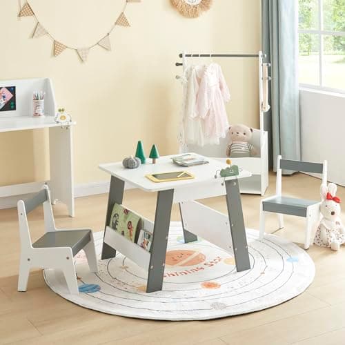 Image of Panana Children's Wooden Table and Chairs Set, White and Grey, Kids Play Table with 2-Piece Chair Set (60 x 60x 50cm)