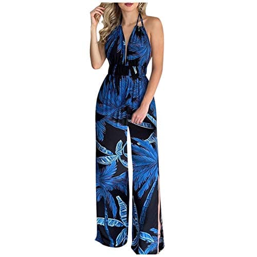 Image of TURWXGSO Wide Leg Jumpsuit for Women UK Tropical Print Overalls Sexy Deep V Neck Backless Halterneck Jumpsuit Boho Beach Cover-Up Palazzo Pants Resort Wear UK Holiday Essentials