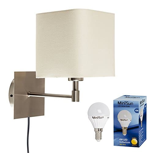 Image of MiniSun | Modern Cream Polycotton Brushed Chrome Wall Light | Wall Lamps & Sconces, Home Décor & Improvement Essential | Includes a 4W LED Bulb [3000K Warm White] | Mains Wired