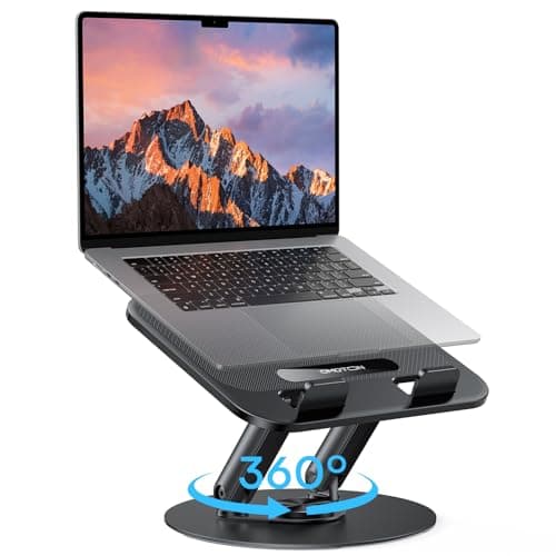 Image of OMOTON Laptop Stand for Desk, 360° Swivel Laptop Riser, Durable Metal Base, Foldable Ergonomic Notebook Stand with Adjustable Height - Fits MacBook and Laptops up to 15 inches - Classic Black