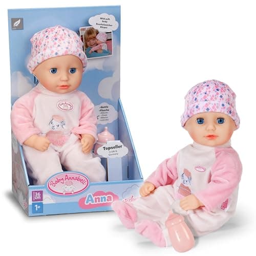 Image of Baby Annabell Anna soft 36cm baby doll with Sleeping Eyes - Incl. bottle, hat & romper - First doll suitable for Children Aged 1+