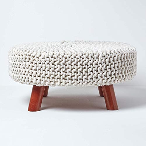 Image of HOMESCAPES Natural Knitted Pouffe Footstool Occasional Seat 100% Cotton for Living Room Children or the Elderly