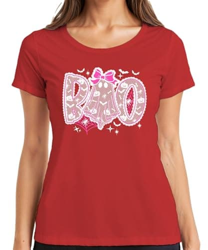 Image of Boo Cute Ghost with Bow Halloween Pink Lace Bats Women's T-Shirt, red, M