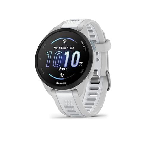 Image of Garmin Forerunner 165, 43mm GPS running smartwatch, lightweight, AMOLED touchscreen, advanced training, insights & features, safety & tracking features, up to 11 days battery life, Whitestone