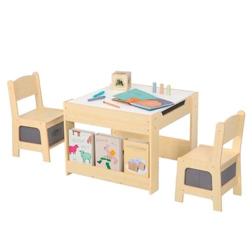 Image of OOOK Kids Table and Chair Sets, 4 In 1 Toddler Table and Chair with Whiteboard, Blackboard, Storage Drawer and Book Rack, Toddler Activity Desk for Kids Room, Nursery and Playroom