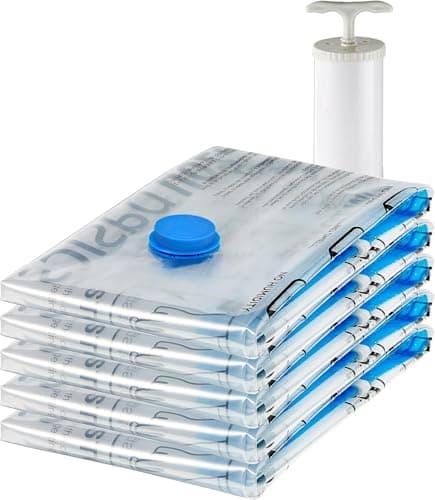 Image of Amazon Basics Vacuum Compression Zipper Storage Bags with Airtight Valve and Hand Pump, Large, 5-Pack, Clear