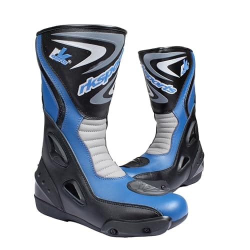 Image of RKsports LV14 Motorcycle Black Blue Red Armoured Leather Waterproof Motorbike Race Boots (Blue, UK Footwear Size System, Adult, Men, Numeric, Medium, 9)