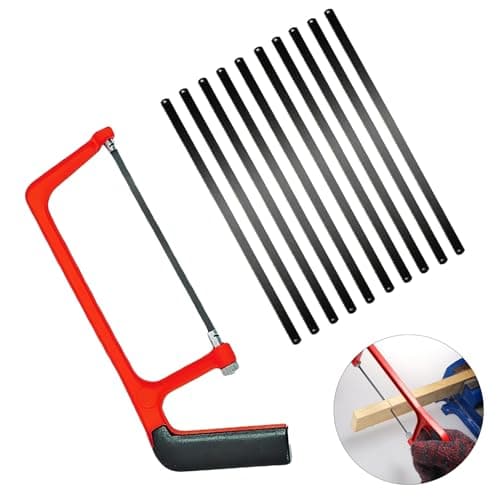 Image of Red Adjustable Junior Hacksaw with 10 Blades, Heavy Duty Metal Saw for Cutting PVC, Wood, and Shingles, Mini Hand Saw for Precise Cuts, Ideal for DIY Projects, Hacksaw for Metal Cutting