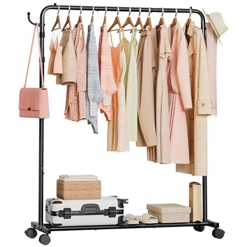 Image of Yorbay Heavy Duty Clothes Rail: 45 kg Standing Garment Storage for Indoor - Rolling Hanging Rod for Bedroom Laundry Room - Height-adjustable Coat Organizer on Wheels with Luggage Shelf (117.5 cm)