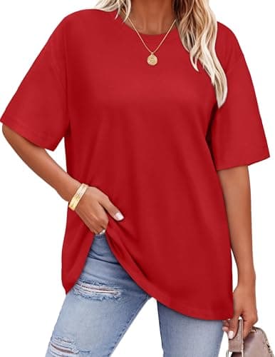 Image of florynova Womens Tops Summer Oversized Tshirt Crewneck Short Sleeve Casual Blouse（Red，L