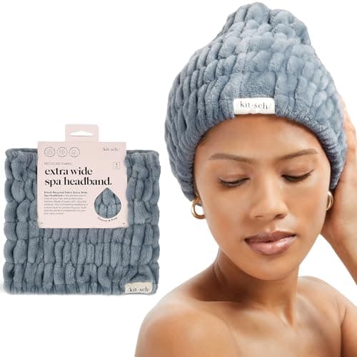 Image of Kitsch Extra Wide Spa Headband for Makeup and Beauty Skin Care - Head Wrap Band for Washing Face and Facial - Extra Soft Hairband for Women and Girls (Misty Blue)