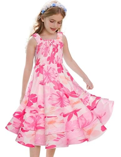 Image of GRACE KARIN Girls Summer 2025 Strappy Floral Maxi Dress Square Neck Dual Layer Hem Smocked Dress Pink Flower 7-8 Years