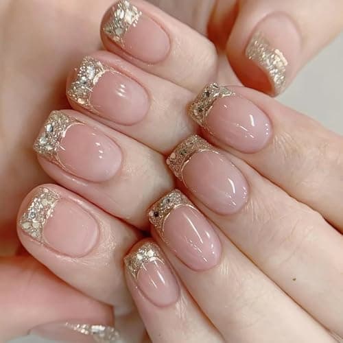 Image of 24pcs Short Coffin False Nails, Nude Pink Press on Nail with Gold Edge,Removable Full Cover Acrylic Stick on Nails for Women,Nail Art Accessories (Nude Pink,Gold Edge)