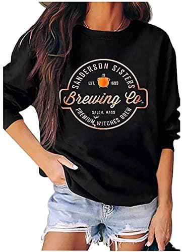 Image of Halloween Graphic Sweatshirt Sanderson Sisters Brewing Co Pullover Tops for Women Fall Crewneck Sweatshirt T Shirt Tunic, Black, Large