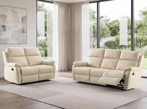 Image of SC Furniture Ltd CREAM High Grade Italian Leather Manual Recliner 3 Seater + 2 Seater Sofa Suite ABERINO