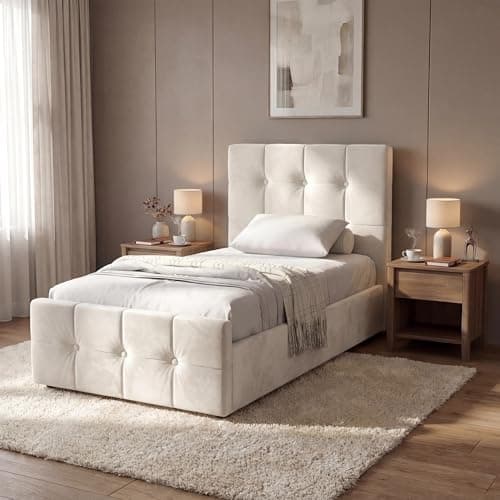 Image of Blisswood Upholstered Ottoman Bed, 3ft Single Bed Frame UKFR Velvet Ottoman Storage Bed With Gas Lift End Opening Wooden Slats With Storage Bed (3ft Single Beige, No Mattress)