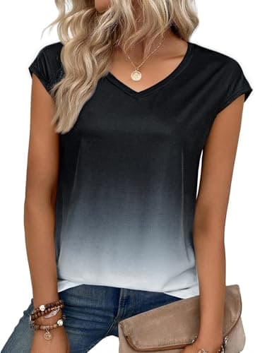 Image of Aottori Short Sleeves Tops for Women V Neck Basic T Shirts UK Summer Gradient Tie Dye Tee Shirt Casual Stretch Loose Fit Tunic Blouse Black S