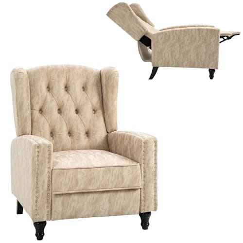 Image of HOMCOM Manual Reclining Armchair with Footrest, Marble Effect Vintage Recliner Chair with Nail Head Trim, Button Tufted Wing Back and Wood Legs, Beige