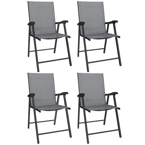Image of Outsunny Folding Garden Chairs Set of 4, Foldable Garden Dining Chairs with High Back and Armrests, Breathable Texteline Folding Outdoor Chair Set with Metal Frame for Patio, Balcony, Light Grey