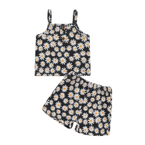 Image of Loalirando Toddler Baby Girl Summer Tracksuit Sleeveless Daisy Print Spaghetti Strap Camisole Vest Elastic Waist Shorts 2Pcs Clothes for Little Girls (Black, 18-24 Months)
